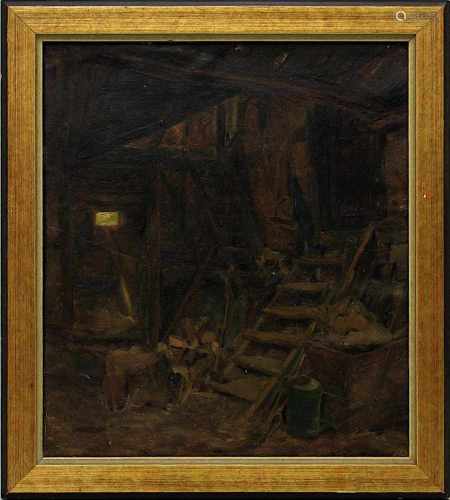 Happ, Jakob (Frankfurt 1861 - 1936 Frankfurt), attr., Scheuneninterieur, Öl auf Leinwand auf Karton,