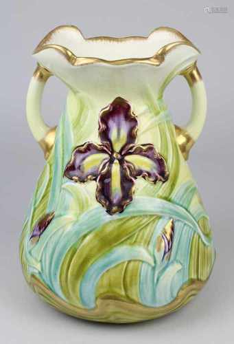 Sarreguemines Jugendstilvase mit Irisdekor, um 1910, Sarreguemines Utzschneider & Cie, Keramik,