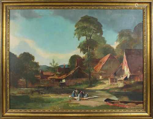 Landschaftsmaler, 1. H. 20. Jh., Häuser mit Wäscherinnen an einem Gewässer, Öl auf Leinwand, 60,5