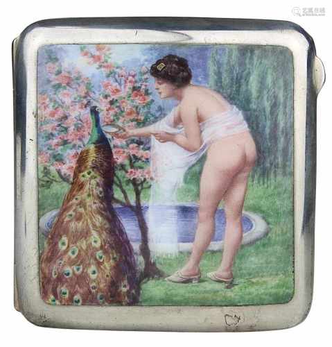 Jugendstil Zigarettenetui mit erotischer Szene in Emailmalerei, Wien um 1900, Silber nicht