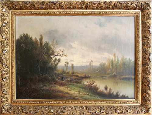 Lenglet, Charles Antoine A. (geb. 1791), Landschaft mit Gewässer bei anbrechender Abenddämmerung mit