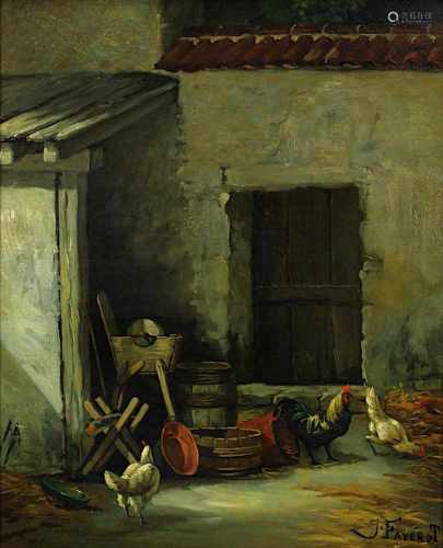 Faverot, Joseph (1862 - 1915) attr., Vor dem Hühnerstall, Öl/Lwd., doubliert, restauriert, Craquele,