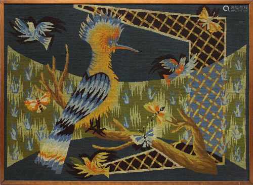Wandteppich, Frankreich, Art Déco, 1920er Jahre, Gobelin mit Wiedehopf, Vögeln u. Schmetterlingen,