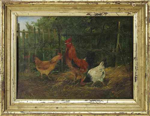 Albin (Tiermaler, um 1900), Hühnerhof, Öl/Holz, li. unt. signiert und datiert 1901, 23,8 x 32,5