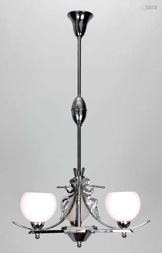 Deckenlampe, Frankreich Art Déco um 1930, dreiarmiges Gestell aus verchromtem Metall, jeweils mit
