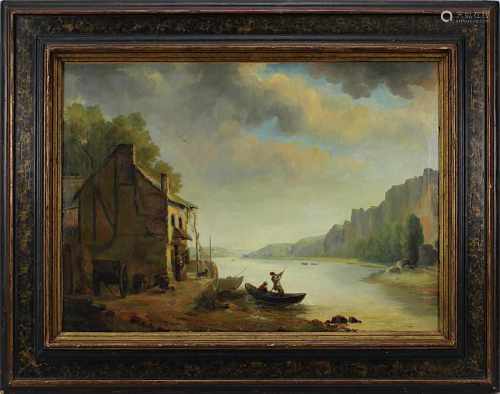 Landschaftsmaler (18./19.Jh.), Flusslandschaft mit Fachwerkhaus, Booten und Figurenstaffage, wohl