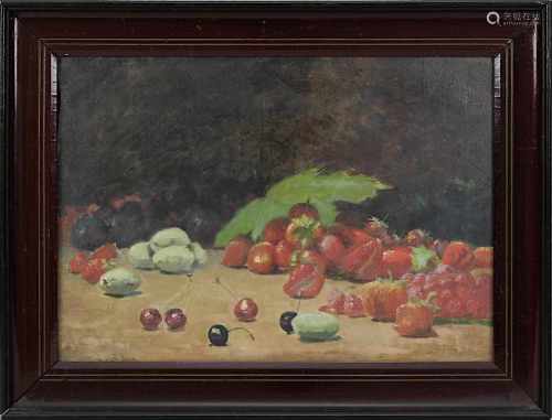 Stillebenmaler um 1900, Stilleben mit Früchten, Öl/Lwd., 32,5 x 46 cm, Leinwand mit hinterlegten