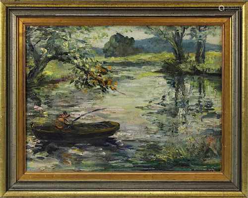 Landschaftsmaler Mitte 19.Jh., Flusslandschaft mit Angler, Öl/Lwd., unt. re. monogrammiert C.H.,