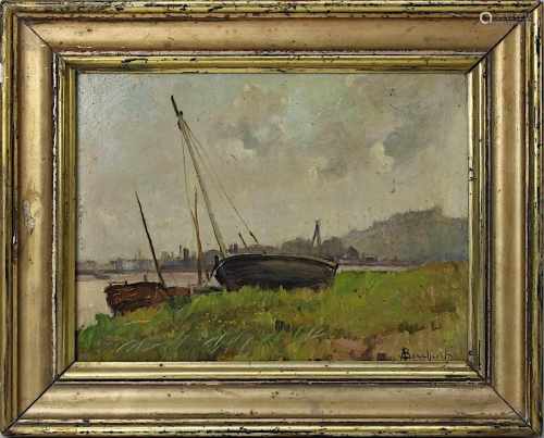 Boucherit, A. (französischer Maler, 2.H.19.Jh.), Küstenlandschaft mit Booten und Stadtsilhouette,