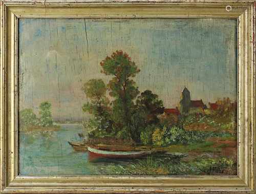 Fabry, Jean (französischer Maler 19.Jh.), Flusslandschaft mit Dorf und Booten, Öl/Holz, re. unt.