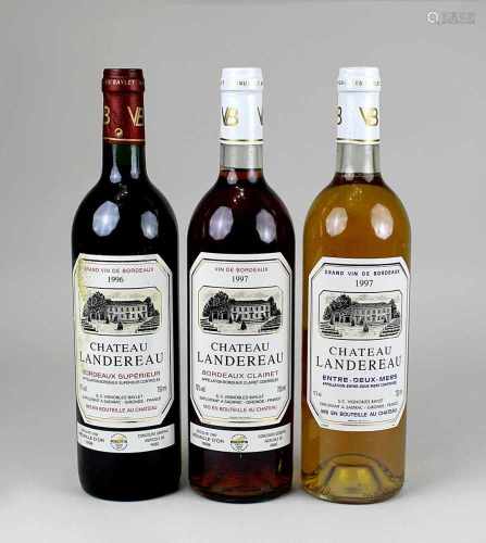 3 Flaschen 1996 und 1997 Château Landereau, Bordeaux : 1996 Rot, Bordeaux Supérieur, Médaille d'Or