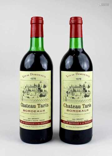 Zwei Flaschen 1978er Chateau Taris, Bordeaux, Jean Servanty, A Rauzan Gironde, Füllhöhe