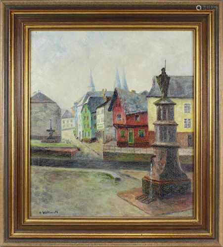 Volkmuth, A. (Maler 20. Jh.), Ansicht von Saarburg, wohl der Buttermarkt, Öl auf Platte, li. unt.