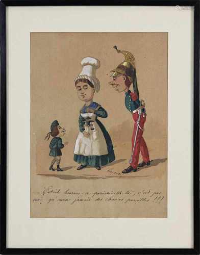 Lavrate, Gaspard Edmond (Orléans 1829 - Paris 1888), Aquarell, Karikatur einer Zofe beim Spielen mit