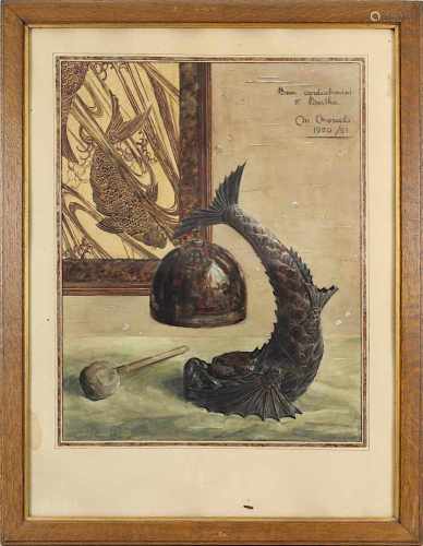 Moreels, M. (frz. Aquarellist), Tischglocke mit Fuß in Form eines Delfins, im Hintegrund Teil