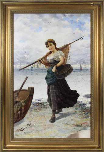 Donat, Frederick Reginald (belgischer Maler 1830 - 1907), junge Fischersfrau mit Netz und Korb neben
