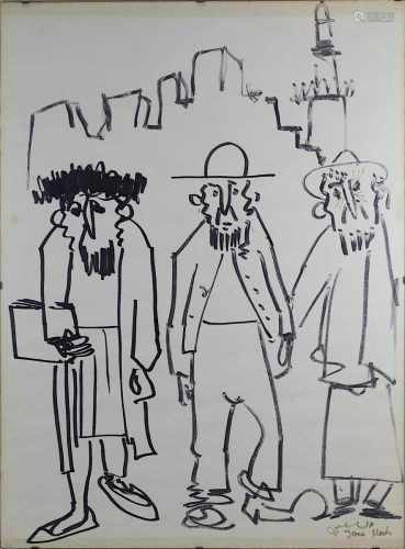 Mach, Yona (wohl Israel 1915 - 1999), Drei chassidische Männer, Filzstiftkarrikatur, rechts unten