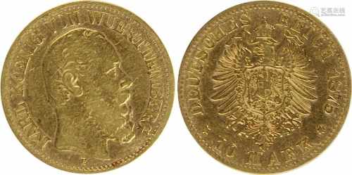 10 Mark Goldmünze, Württemberg 1875, 900er Gold, VS. Karl König von Württemberg, Kopf nach rechts,