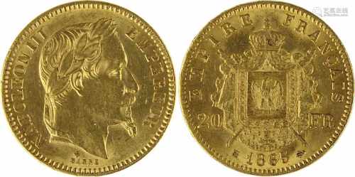 Goldmünze zu 20 Francs, Frankreich 1865, VS. Kopf Napoleons III mit Lorbeerkranz, nach rechts, RS.