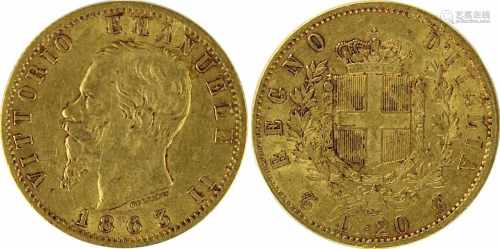 Goldmünze zu 20 Lira, Italien, Vittorio Emanuele II, 1863, VS. Kopf nach links u. Jahreszahl 1863,