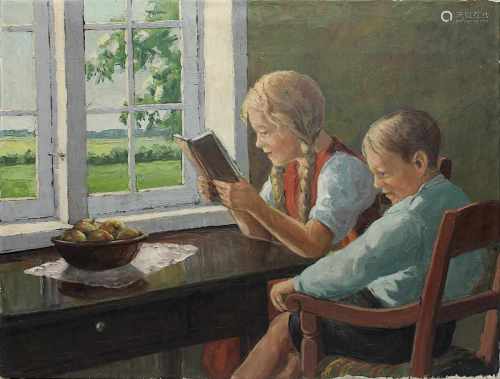 Ellgaard, Frederik (Hadersleben 1896 - 1960?), lesendes Mädchen mit ihrem jüngerem Bruder, Öl auf