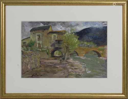 Deutscher Landschaftsmaler, Flusslauf mit Brücke und Haus in den Pyrenäen, Pastellkreide, um 1930,