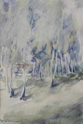 Landschaftsmaler 2. H. 20. Jh., Landschaft mit Bäumen und Haus, Aquarell, links unten unleserlich