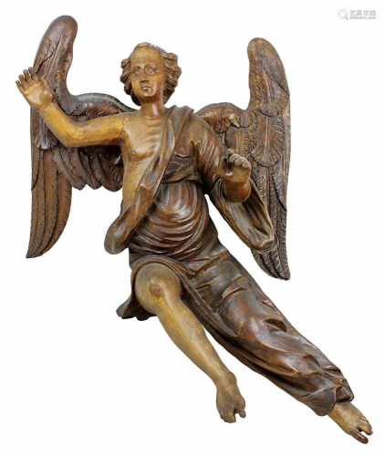 Geflügelter Engel, Barockskulptur, deutsch 18. Jh., Holz geschnitzt, restauriert und ergänzt, linker