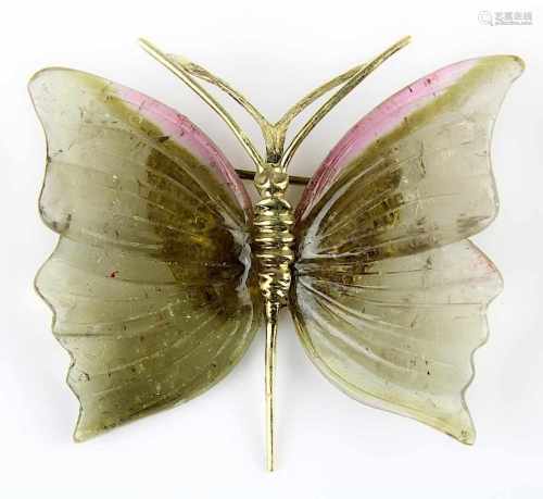 Schmetterlingsbrosche aus Gelbgold und Turmalin, Idar Oberstein um 1970, handgefertigter