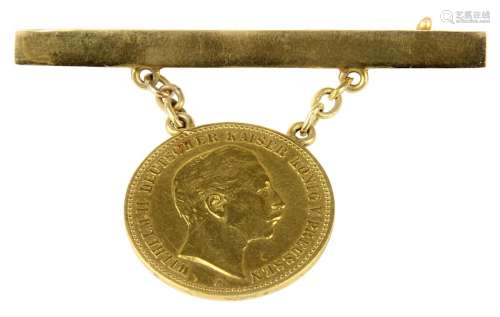Goldbrosche mit Zehn-Deutsche-Reichsmark, Wilhelm II - Deutscher Kaiser und König von Preußen, um