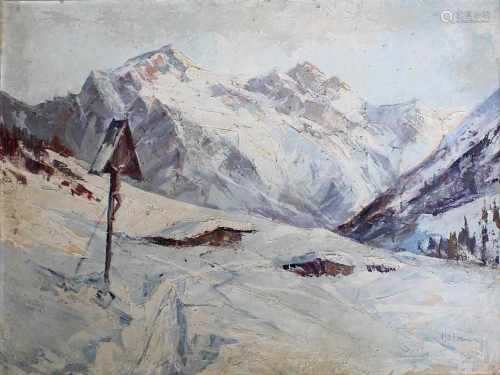 Holtmann, Willi (1908-1984), Verschneite Alpenlandschaft mit Wegekreuz und eingeschneiten Hütten,