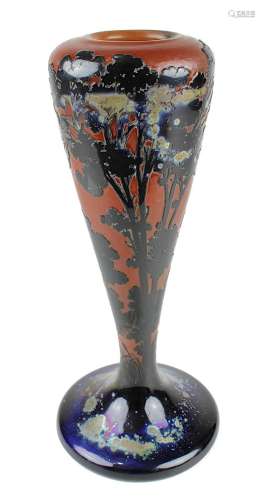 Gallé Vase mit Landschaftsdekor, Nancy 1906-14, keulenförmiger Klarglaskörper, mit gelbem und
