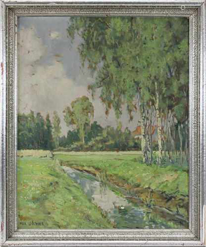 Göldner, Max (1889 - 1976, Thüringen und Berlin), Bachlauf vor Birkenwäldchen, Öl auf Malkarton,