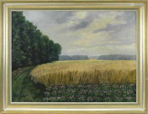 Hefeld, M. von (deutscher Landschaftsmaler 1920), Getreidefeld, Öl auf Leinwand, links unten