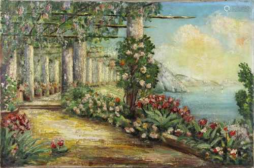 Landschafts- und Architekturmaler, 1920er Jahre, mediterraner Sommergarten mit Säulenweg an der