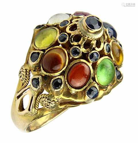 Gelbgold-Ring mit verschiedenen Edelsteinen, Griechenland 1950er Jahre, 14 kt Gelbgold gepunzt,