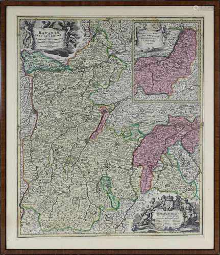 Bavariae Pars Superior, kolorierte Kupferstichkarte, Ioh. Baptist Homann, Nürnberg 18. Jh., mit drei