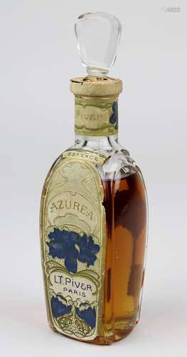 Parfum Azurea, L. T. Piver, Paris, um 1910, originaler Flacon aus Pressglas mit bedrucktem Etikett