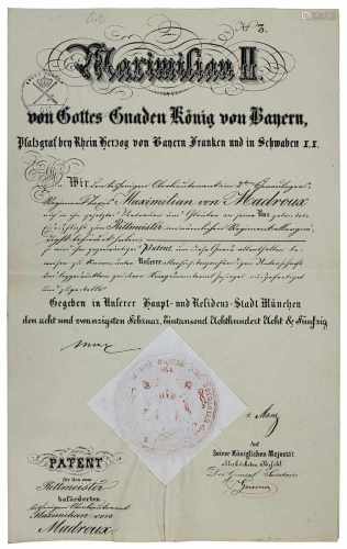 König Maximilian II von Bayern (1811 - 1864) Patent zur Ernennung des Maximilian von Madroux (1820 -