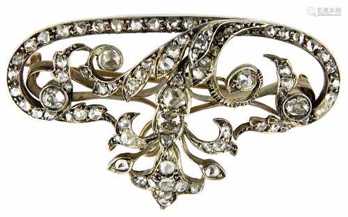 Brosche in Gold und Silber mit Diamanten, Frankreich um 1890, Blatt- und Blütenranken,