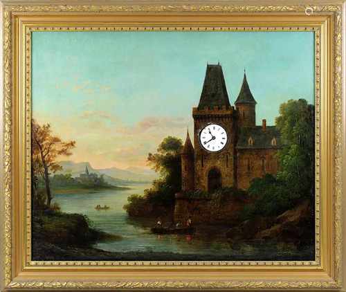 Bilderuhr, um 1840, Flusslandschaft mit Schlossanlage, viereckiges Messinguhrwerk,