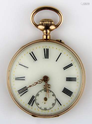 Gelbgold-Taschenuhr, Schweiz um 1900, 14-karätiges Gelbgold, rückseitiger Uhrendeckel floral