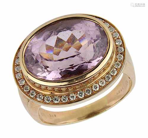 Roségold-Damenring mit Amethyst und Brillanten, Ringschiene aus 18-karätigem Roségold, gefasst mit