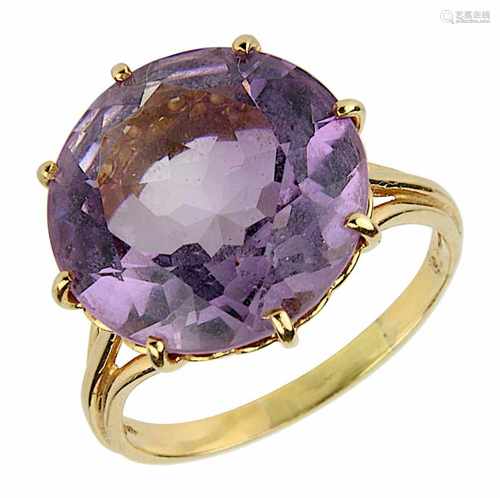 Gelbgold-Damenring mit Amethyst, handgefertigte Ringschiene aus 750er Gelbgold, mit durchbrochen