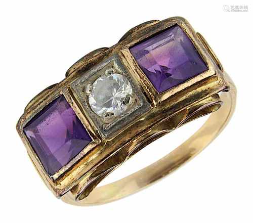 Roségold-Damenring mit Amethyst-Baguetten, Deutschland um 1950, handgefertigte Ringschiene aus 750er