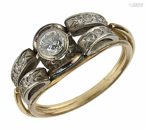 Bicolor-Damenring mit Brillanten, Deutschland um 1930, 585er handgefertigte Ringschiene, Ringkopf