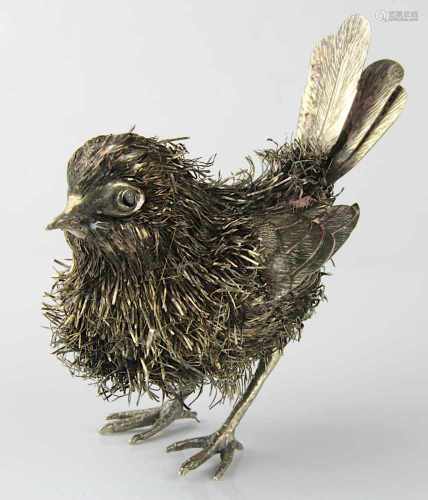 Kleiner Silbervogel, Italien 2. H. 20. Jh., vollplastischer Silbervogel aus Silberblech und