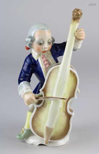 Seltene Hutschenreuther-Figur, Musikant mit Kontrabass aus der Rokoko-Kapelle, Entwurf Karl