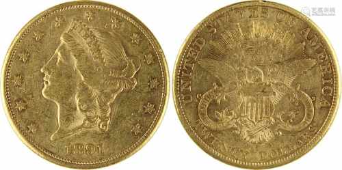 Goldmünze zu 20 Dollar, USA 1891, 900er Gold, Gewicht: 1 Unze Feingold, VS. Coroned Head, mit