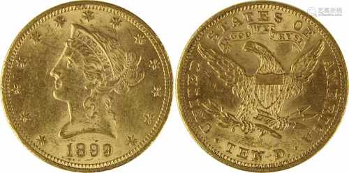 Goldmünze zu 10 Dollar, USA 1899, 900er Gold, eine halbe Unze Feingold, Gewicht: 16,7 g., VS.